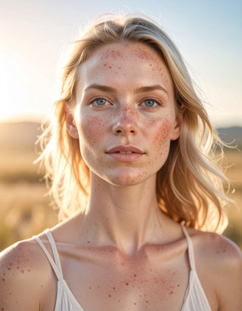 Portrait of a beautiful young blonde woman with freckles on her face.の素材