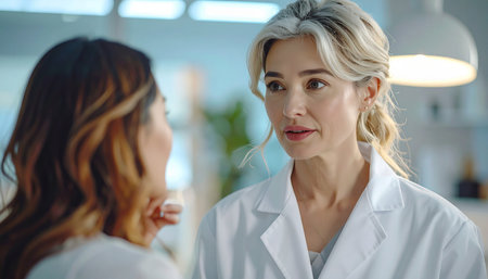 Serious female doctor looking at camera and talking to her patient in clinicの素材