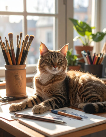 The cat is lying on the table and drawing in the room.の素材