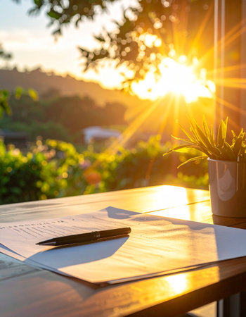 Pen and notebook on wooden table with sunset background. Business concept.の素材