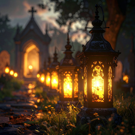 Lanterns in the cemetery at night. Halloween concept.の素材