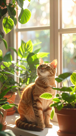 Cute cat sitting on windowsill with houseplants at homeの素材