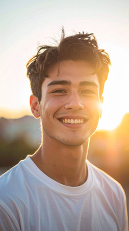 Portrait of a handsome young man smiling at camera on a sunny dayの素材