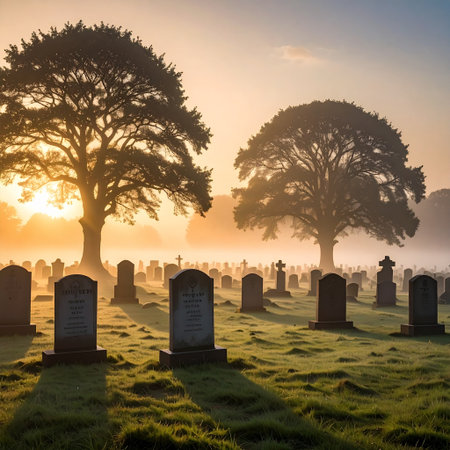 Gravestones in a graveyard at sunrise with trees in the foregroundの素材