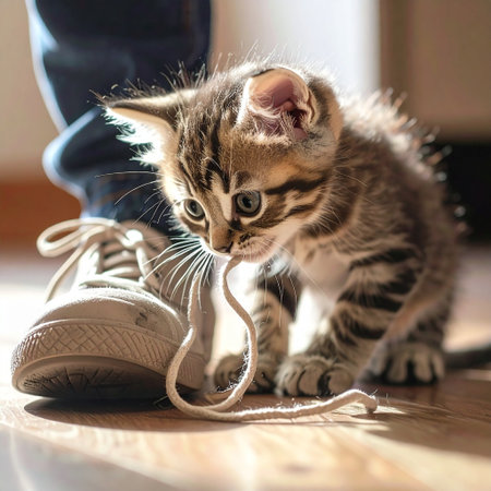 Cute bengal kitten playing on the floor with shoes.の素材