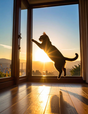 Silhouette of a cat looking out the window at sunrise.の素材