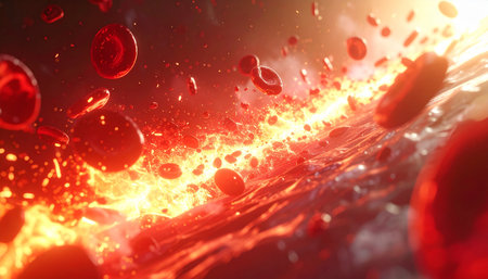 Blood cells. 3D render of blood cells in red fluid.の素材