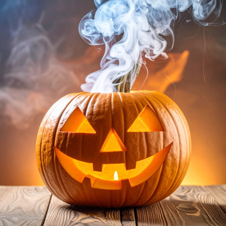 Halloween pumpkin head with smoke on wooden table, close-upの素材