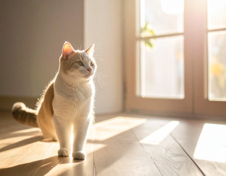 White cat sitting on the floor and looking at the window with sunlightの素材