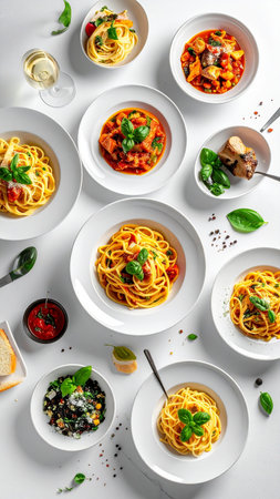 Spaghetti with chicken meat and vegetables on a white background, top viewの素材