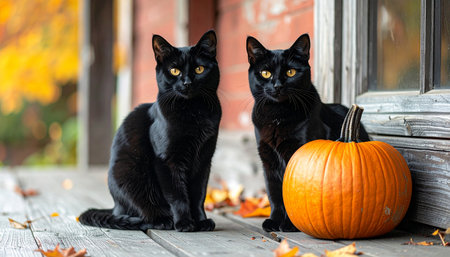 Two black cats sitting on the porch of a country house with a pumpkinの素材