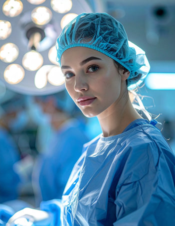 Portrait of a young female surgeon at work in operating room.の素材