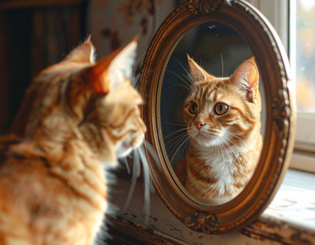 Two cats looking at each other through the mirror. Close-up.の素材