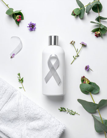White bottle with ribbon and flowers on white background, flat lay. Breast cancer awareness conceptの素材