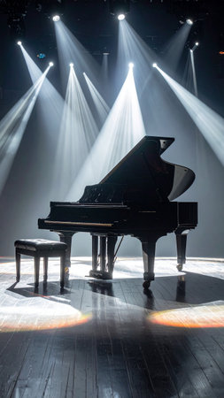 Grand piano on stage during a concert in the light of spotlightsの素材