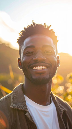 Portrait of a smiling young african american man at sunsetの素材