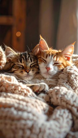 Cute tabby kittens lying on a warm knitted blanket.の素材