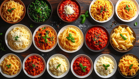 Different types of Italian pasta in bowls on wooden background, top viewの素材