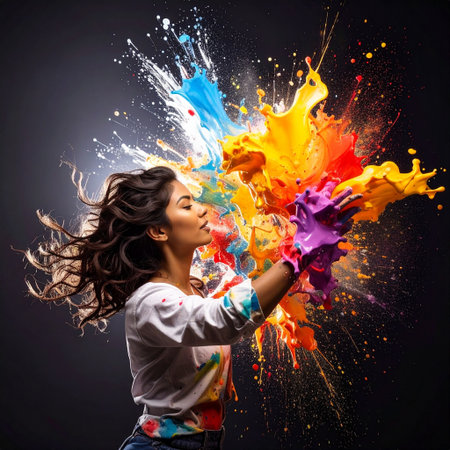 Portrait of a beautiful young asian woman blowing colorful paint splashesの素材