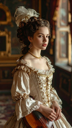 Portrait of a beautiful young woman in medieval era dress with violin.の素材