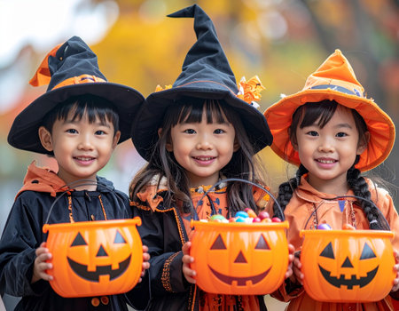 Happy asian little girls in halloween costumes holding pumpkinsの素材
