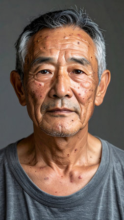 Portrait of an old Asian man with vitiligo on his faceの素材