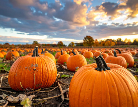 Pumpkin patch on sunny Autumn day. Colorful pumpkins on a field.の素材