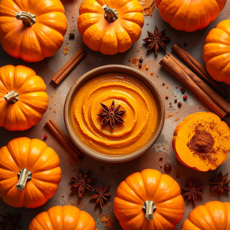 Pumpkin cream soup in a bowl with spices and pumpkinsの素材