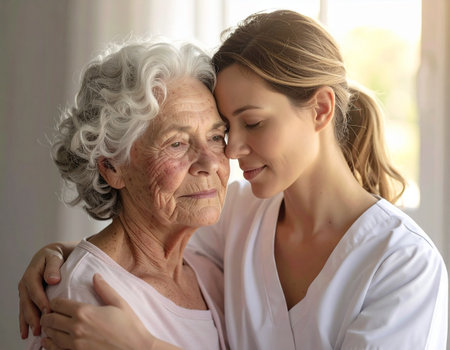 Caregiver giving care to elderly woman at home, closeupの素材