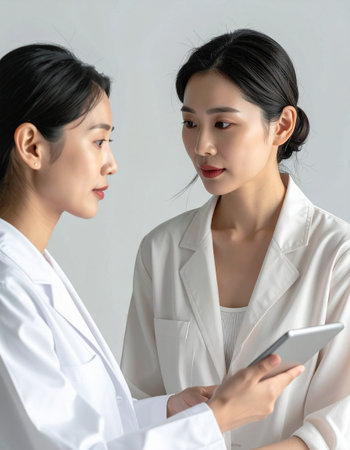 two asian female doctor using digital tablet and discussing something with colleagueの素材
