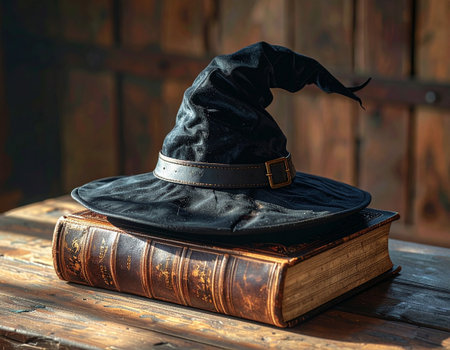 Witch hat and old books on wooden background. Halloween concept.の素材