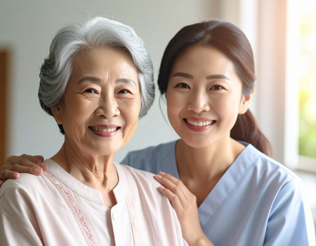 Asian senior woman with her caregiver at nursing home, closeupの素材