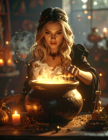 Beautiful witch with magic potion in cauldron. Halloween concept.の素材