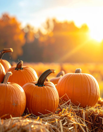 Pumpkin patch on sunny autumn day. Colorful autumn landscape.の素材