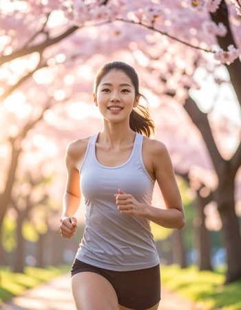 Beautiful young asian woman jogging in the park with cherry blossomの素材