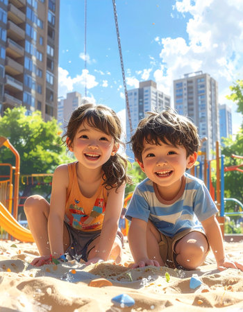 Two children playing on the playground in the summer. Kids having fun on a sunny day.の素材