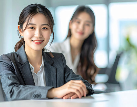 Portrait of young businesswoman sitting at desk with her colleague in the backgroundの素材