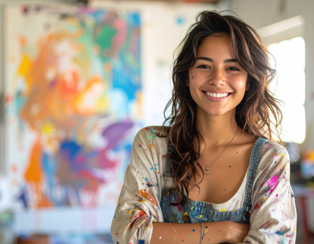 Portrait of a beautiful latin american artist in her studioの素材