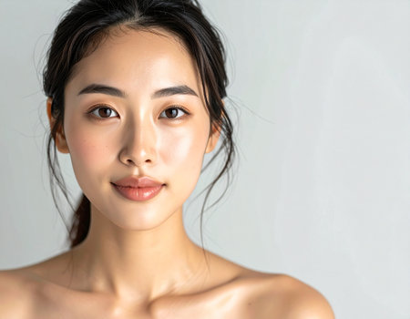 Beautiful Young Asian Woman with Clean Fresh Skin. Face care, Facial treatment, Cosmetology, beauty and healthy skin and cosmetic concept.の素材