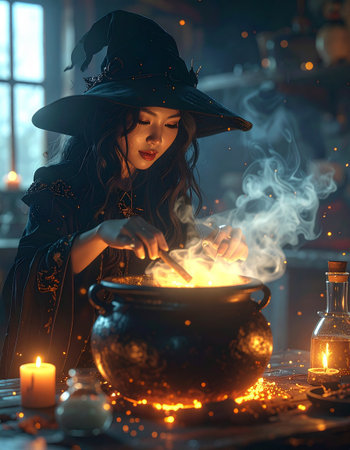 Beautiful asian witch preparing potion in cauldron. Halloween conceptの素材