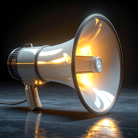 Megaphone. 3d render on a dark background with highlightsの素材