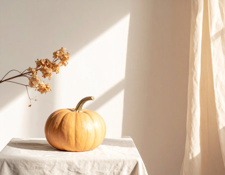 Autumn still life with pumpkins and dried flowers on white tableの素材