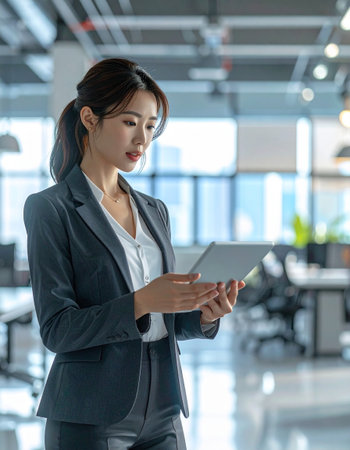 business woman using tablet computer in modern office. asian chineseの素材