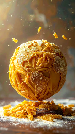 Dry pasta in the shape of a ball on a wooden background.の素材