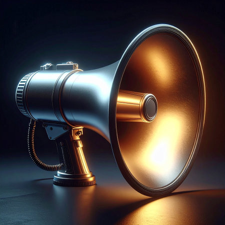 Megaphone on a dark background. 3d render illustration.の素材