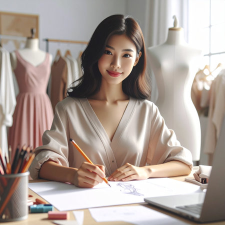 beautiful asian fashion designer drawing sketches on paper at workplace in studioの素材