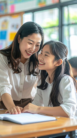 Asian mother and daughter reading book together in library. Education concept.の素材