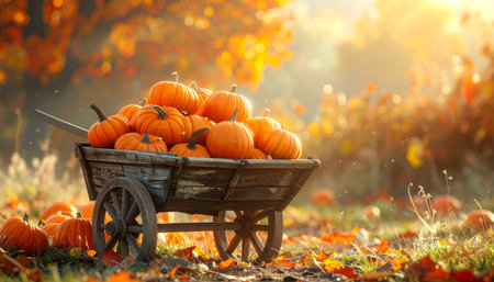 Harvested pumpkins in a wooden cart on a sunny autumn dayの素材