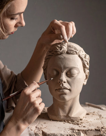 Close-up of a female artist working on a sculpture in the studioの素材