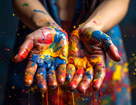 Female hands painted in bright colors with paint splashes. Close-up.の素材